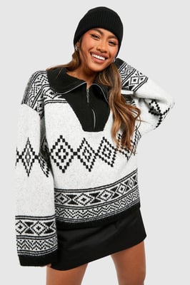 Half Zip Aztec Print Oversized Jumper