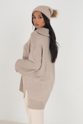 Stone Oversized Zip Collar Knitted Jumper