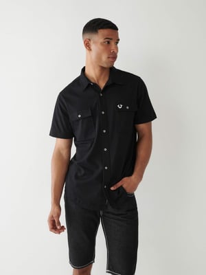 Short Sleeve Triple Needle Knit Shirt in Black