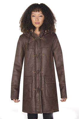 Womens Brown Hooded Sheepskin Leather Duffle Coat-Charlotte