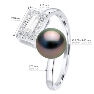 Ring adjustable Cubic Zirconia - Real Cultured Tahiti Pearl Round 8-9 mm