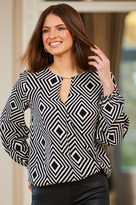 Black & Ivory Geometric Print Gold Tab Detail Top
