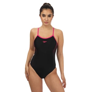 Speedo Muscleback badpak met smalle bandjes voor dames, zwart-roze