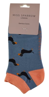 Ladies Bamboo Trainer Socks | Miss Sparrow | Breathable Low Cut Socks for Women - Sausage Dogs (Blue)