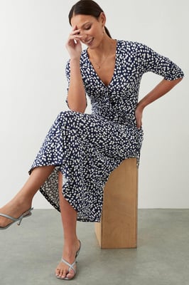 Navy Spot Print  Wrap Midi Dress