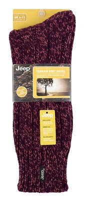 Mens Wool Hiking Socks | Jeep | Knit Ribbed Design Padded Boot Socks for Trekking, Running, Walking - Brown / Berry