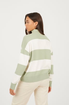 Pale Green Striped Half Zip Knitted Jumper