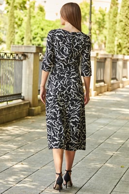 Black & White Abstract Print Midi Dress With Keyhole Detail