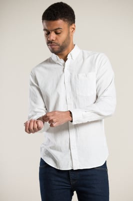 White Linen Blend Long Sleeve Button-Up Shirt With Chest Pocket