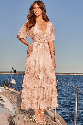 Snake Print Tiered Hem Wrap Jersey Midi Dress