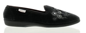 Womens Velour Upper Full Slipper With Soft Satin Lining Emroidered Flower Detail To The Vamp Textile