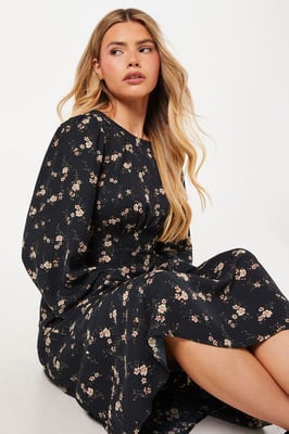 Ditsy Floral Shirred Waist Long Sleeve Midi Dress