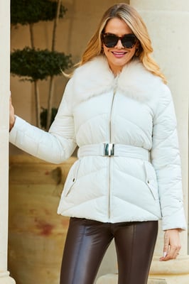 Ivory Faux Fur Collar Padded Coat