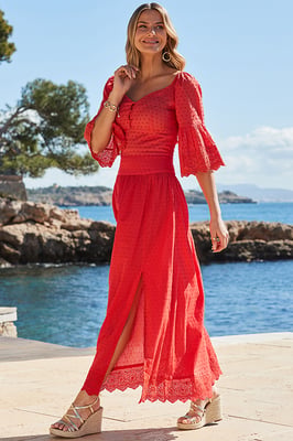 Orange Embroidered Midi Skirt With Broderie Trim