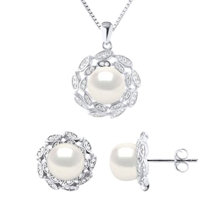 Adornment Necklace & Earrings FLOWER Sweet Water Beads White 9-10 mm 925
