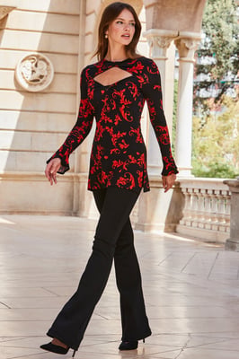 Black & Red Baroque Print Keyhole Detail Fluted Cuff Jersey Top