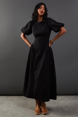 Seersucker Organza Godet Side Puff Sleeve Midi Dress