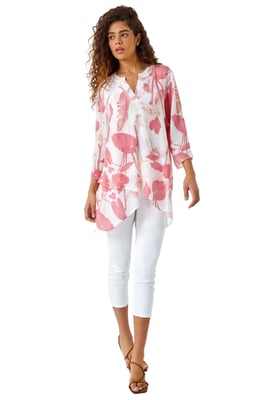 Palm Print V-Neck Wrap Hem Tunic Top