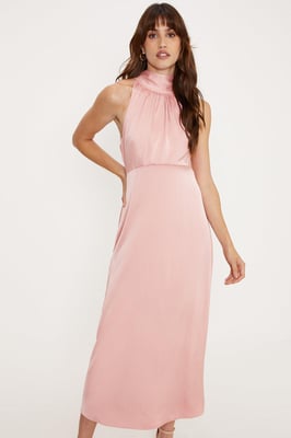 Satin Halter Neck Midi Bridesmaids Dress