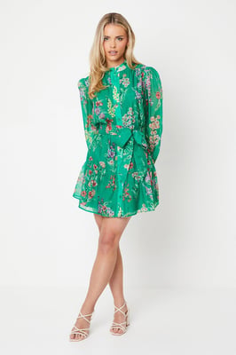 Petite Green Floral Organza Mini Shirt Dress