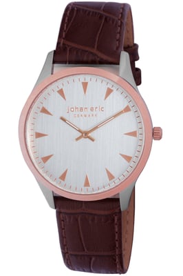 Johan eric: helsingør, men's, silver dial watch w triangular rose gold tone hr-markers, brown calfskin band