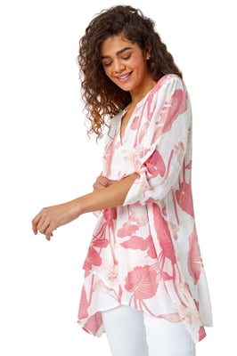 Palm Print V-Neck Wrap Hem Tunic Top