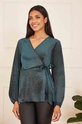 Green Sparkle Velvet Wrap Top With Long Sleeves
