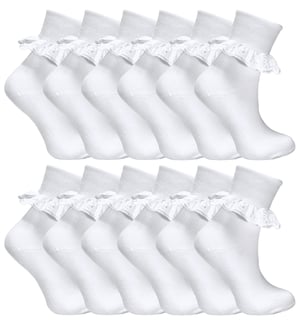 12 Pair Multipack White Frilly Lace Socks | 7 Sizes | Sock Snob | Girls Cute Cotton Rich School Socks - White