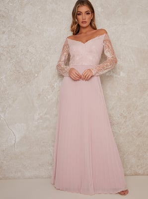 Curve Lace Bridesmaid Maxi Dress With Long Sleeves in Blush