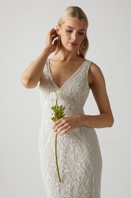Plunge Floral Embellished Wedding Dress