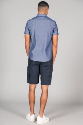 Mid Blue Cotton Short Sleeve Button-Up Printed Shirt With Chest Pocket