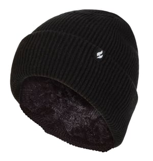 Ladies Fleece Lined Ribbed Turnover Hat | Heat Holders | Thermal Hat for Winter - Black