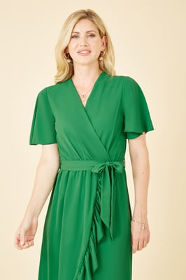 Green Wrap Over Frill Hem Dress