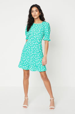 Petite Green Floral Frill Hem Mini Dress