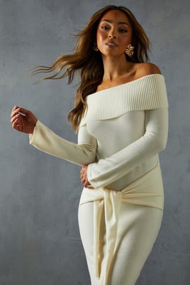 Knitted Bardot Wrap Front Midi Dress
