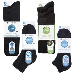 12 Pair Pack Diabetic Socks All Year Round Bundle Set | IOMI | Extra Wide Socks for Swollen Ankles, Legs & Feet | Crew Ankle Trainer Diabetic Socks in Cotton & Bamboo - Black
