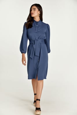 Belted Long Sleeve Indigo Dress in Tencel