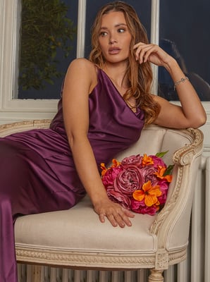 Cowl Neck Satin Slip Midi Dress in Berry