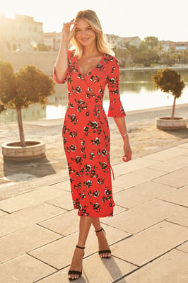 Red & Black Floral Print Jersey Midi Dress