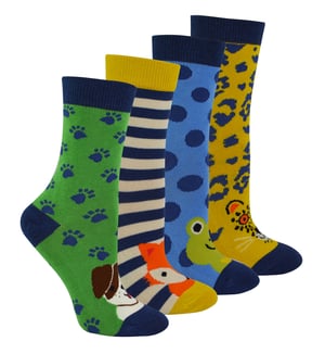 Miss Sparrow - 4 Pack Boys Bamboo Socks | Kids Novelty Animal Pattern Socks in a Gift Box - Assorted