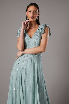 Bow Shoulder Embellished Midi Dress
