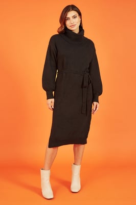 Black Roll Neck Jumper Dress With Belt