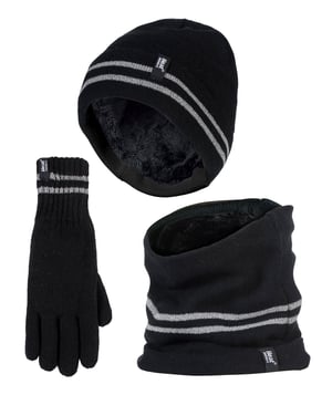 Hi Vis Hat, Neck Warmer & Gloves Set | Heat Holders | Reflective Workwear Set for Extreme Cold Weather - Black