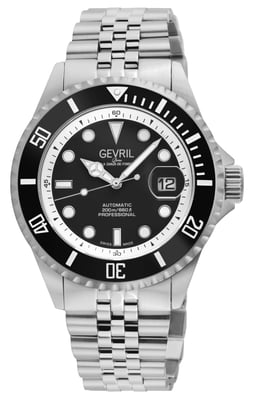 Gevril Mens Wall Street Swiss Automatic Sellita SW200 Black Bezel, Black Enamel Dial, SS Satin and Polished Bracelet Watch