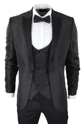 Herr svart smoking Blazer väst Brocade Satin Paisley Formell middagskavaj