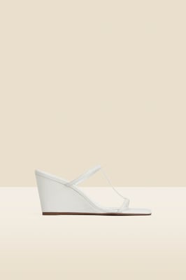 White Leather Square Toe Strappy Wedged Mules