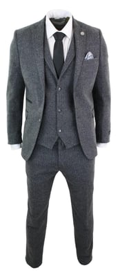 Heren 3-delige Antracietgrijze Haringbone-Tweed Streeppak