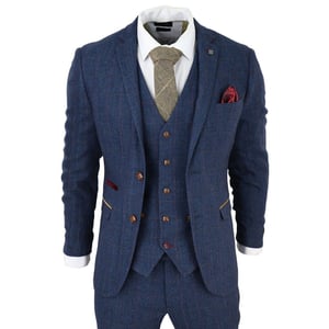 Heren Blauwe Tweed Ruit 3-Piece Pak