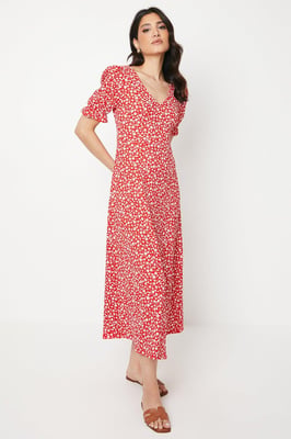 Red Ditsy V Neck Short Sleeve Midi Dress
