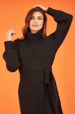 Black Roll Neck Jumper Dress With Belt